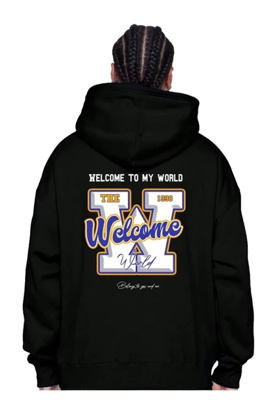 Erkek Siyah Sırt Welcome Baskılı Kapüşonlu Sweatshirt ürün görseli 1
