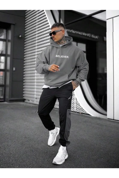 Erkek Believer Baskılı Oversize Kapşonlu Sweatshirt - Resim 10