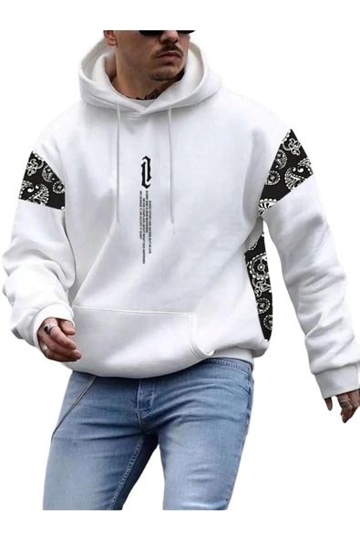 Erkek Dikey Baskılı Desenli Oversize Kapşonlu Sweatshirt ürün görseli 1