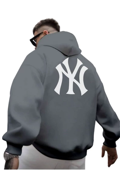 Erkek Ön Arka NY Baskılı Kapüşonlu Sweatshirt ürün görseli 1