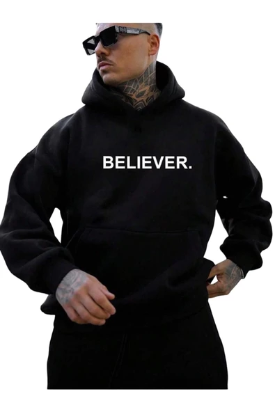 Erkek Believer Baskılı Oversize Kapşonlu Sweatshirt - Resim 2