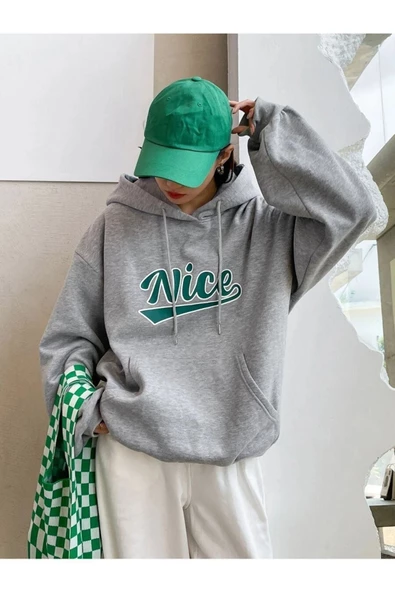 Gri Nice Baskılı Oversize Kapşonlu Sweatshirt - Resim 2