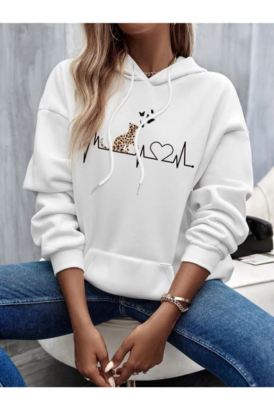 Beyaz Kedi Baskılı Oversize Kapşonlu Sweatshirt - Resim 3
