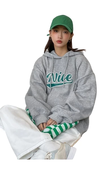 Gri Nice Baskılı Oversize Kapşonlu Sweatshirt ürün görseli 1