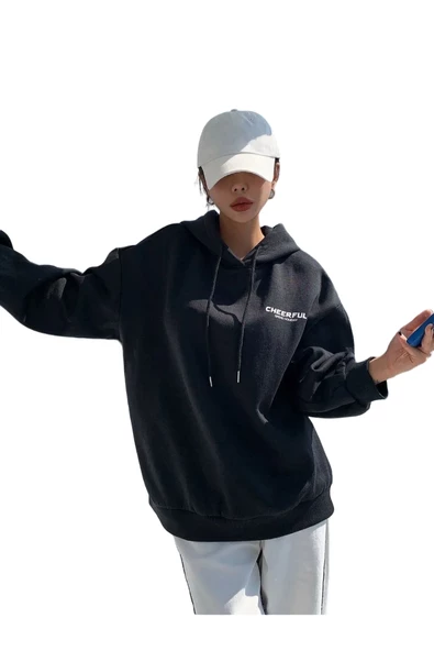 Kadın Siyah Küçük  Baskılı Kapüşonlu Sweatshirt ürün görseli 1