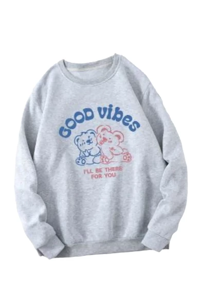 Kadın Gri Good Vibes Bisiklet Yaka Sweatshirt ürün görseli 1