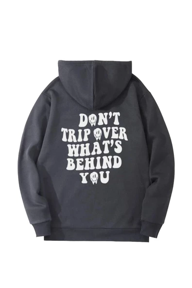 Unisex Füme Sırt Yazı Baskılı Oversize Kapşonlu Sweatshirt ürün görseli 1