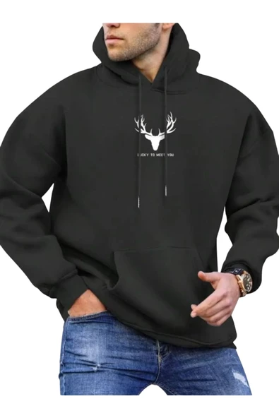 Erkek Geyik Baskı Kapüşonlu Sweatshirt - Resim 3