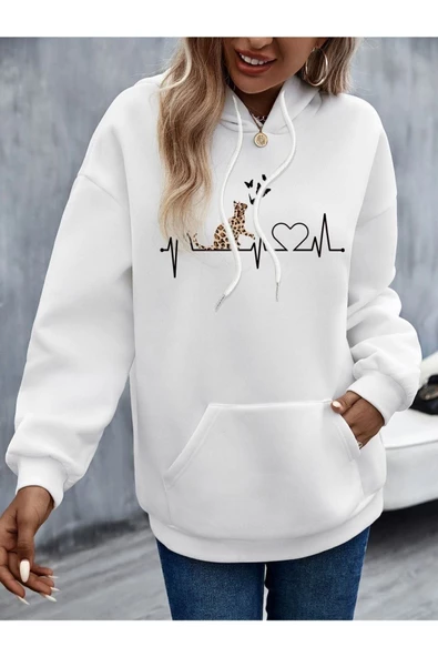 Beyaz Kedi Baskılı Oversize Kapşonlu Sweatshirt - Resim 2