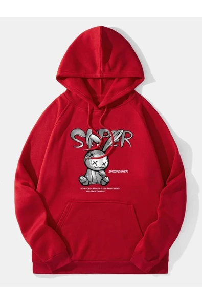 Tavşan Baskılı Oversize Kapüşonlu Sweatshirt - Resim 4