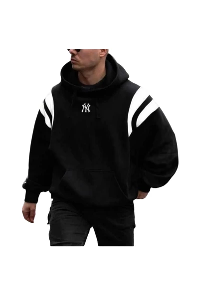 Erkek Siyah Omuz Şeritli Ny Baskılı Oversize Kapşonlu Sweatshirt ürün görseli 1