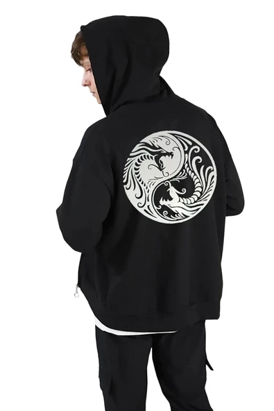 Unisex Siyah Sırt Baskılı Ince Mevsimlik Kapşonlu Oversize Hırka ürün görseli 1