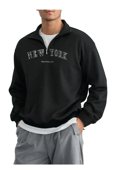 Erkek Siyah New York Baskılı Yarım Fermuarlı Oversize Polo Yaka Sweatshirt ürün görseli 1