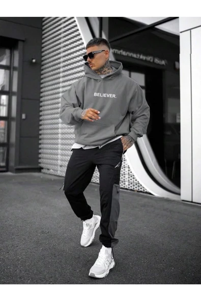 Erkek Believer Baskılı Oversize Kapşonlu Sweatshirt - Resim 12