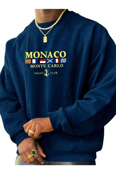 Erkek Monaco Baskılı Oversize Kapşonlu Sweatshirt - Resim 2