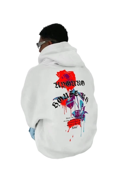 Erkek Beyaz Sırt Gül Baskılı Kapüşonlu Sweatshirt ürün görseli 1