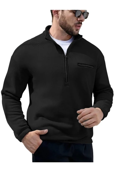Erkek Göğüs Fermuarlı Oversize Polo Yaka Sweatshirt ürün görseli 1