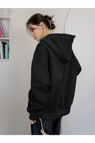 Siyah Cheerful Baskılı Oversize Kapüşonlu Sweatshirt - Resim 3