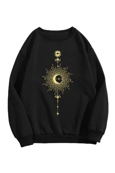 Kadın Siyah Parıltılı Ay Bisiklet Yaka Sweatshirt ürün görseli 1