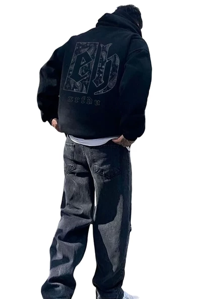 Erkek Siyah Eh Sırt Baskılı Oversize Kapşonlu Sweatshirt ürün görseli 1