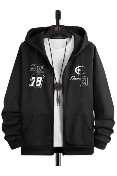 Unisex Siyah Los Angeles 78 Baskı Fermuarlı Kapüşonlu Oversize Hırka ürün görseli 1