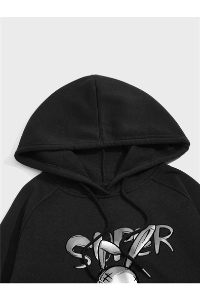 Tavşan Baskılı Oversize Kapüşonlu Sweatshirt - Resim 8