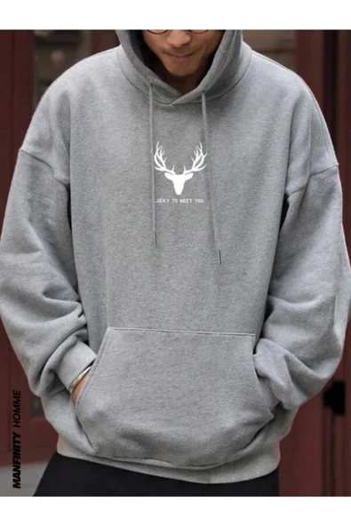 Erkek Geyik Baskı Kapüşonlu Sweatshirt - Resim 8