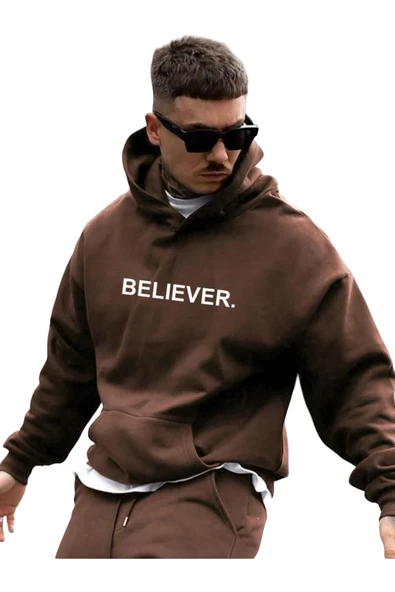 Erkek Believer Baskılı Oversize Kapşonlu Sweatshirt ürün görseli 1