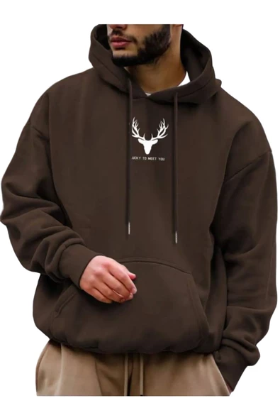 Erkek Geyik Baskı Kapüşonlu Sweatshirt - Resim 2