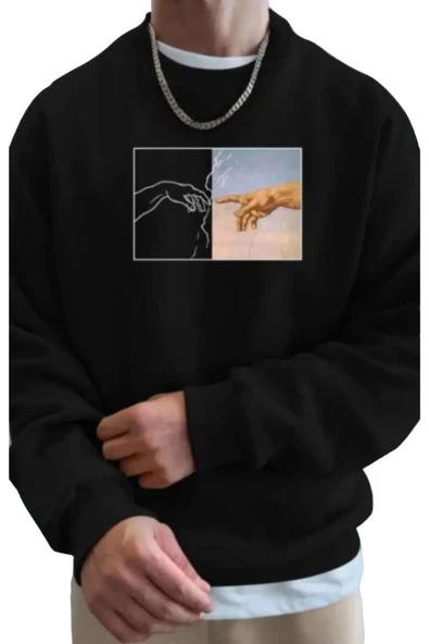 Erkek Siyah El Baskılı Bisiklet Yaka Sweatshirt ürün görseli 1