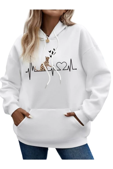 Beyaz Kedi Baskılı Oversize Kapşonlu Sweatshirt ürün görseli 1