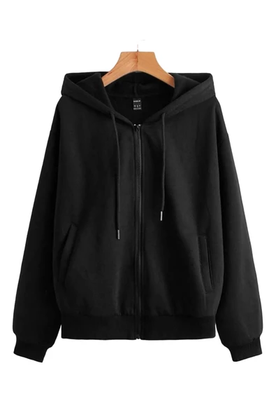 Unisex Siyah Yuvarlak Sırt Baskılı Ince Mevsimlik Kapşonlu Oversize Hırka ürün görseli 1