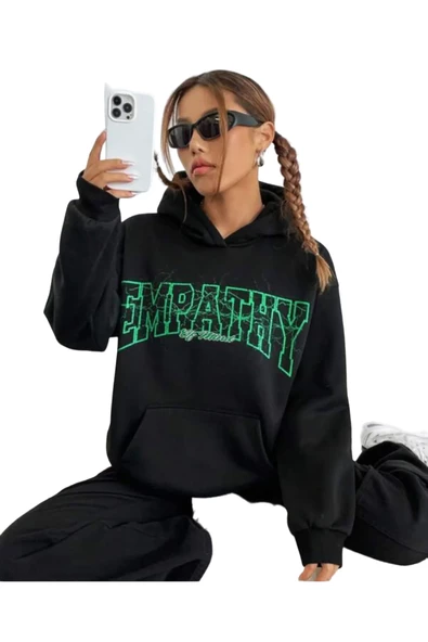 Kadın Siyah Empathy Baskı Kapüşonlu Sweatshirt ürün görseli 1