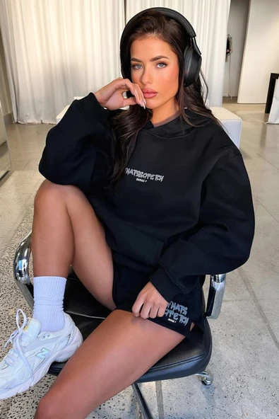 Kadın Thatssofetch Baskılı Oversize Kapşonlu Sweatshirt - Resim 7