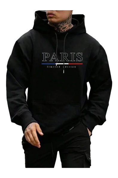 Erkek Siyah Büyük Paris Baskılı Kapüşonlu Sweatshirt ürün görseli 1