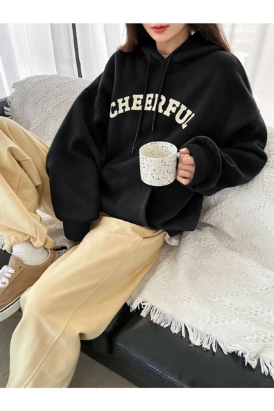 Siyah Cheerful Baskılı Oversize Kapüşonlu Sweatshirt - Resim 2