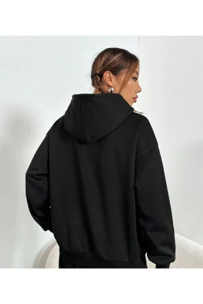 Kadın Siyah Empathy Baskı Kapüşonlu Sweatshirt - Resim 4