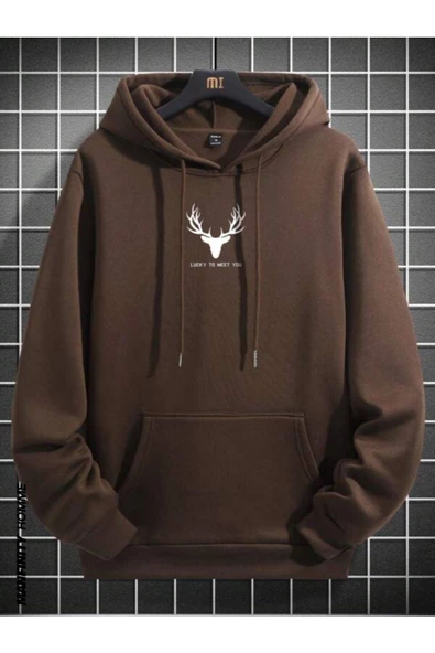 Erkek Geyik Baskı Kapüşonlu Sweatshirt - Resim 4