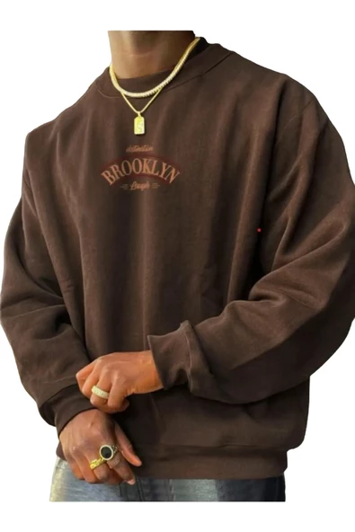 Erkek Brooklyn Lought Baskılı Oversize Bisiklet Yaka Sweatshirt ürün görseli 1