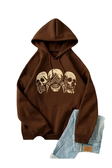 Unisex Kahverengi Kafatası Baskılı Oversize Kapşonlu Sweatshirt ürün görseli 1