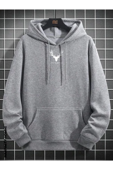 Erkek Geyik Baskı Kapüşonlu Sweatshirt - Resim 9