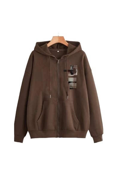 Unisex Kahverengi New Moment Fermuarlı Kapüşonlu Hırka ürün görseli 1