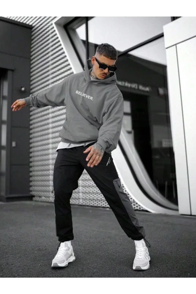Erkek Believer Baskılı Oversize Kapşonlu Sweatshirt - Resim 11