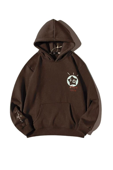 Unisex Kahverengi Id Baskılı Oversize Kapşonlu Sweatshirt ürün görseli 1