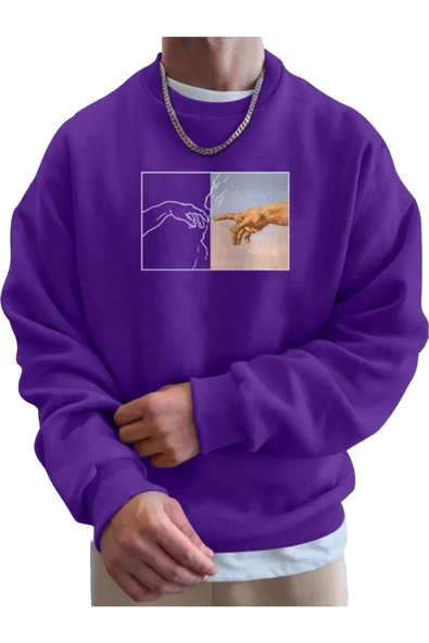 Erkek El Baskı Bisiklet Yaka Sweatshirt - Resim 3