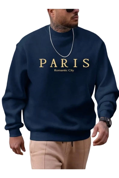 Erkek Petrol Mavi Paris Romantic City Baskılı Bisiklet Yaka Sweatshirt ürün görseli 1