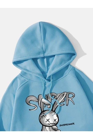 Tavşan Baskılı Oversize Kapüşonlu Sweatshirt - Resim 2