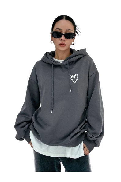 Unisex Füme Kalp Baskılı Oversize Kapşonlu Sweatshirt ürün görseli 1