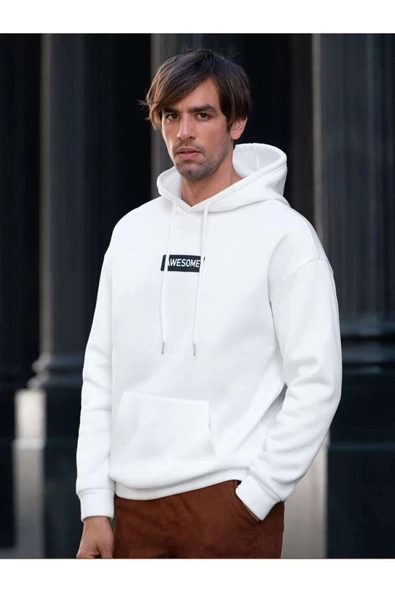 Erkek Awesome Baskılı Oversize Kapşonlu Sweatshirt - Resim 7