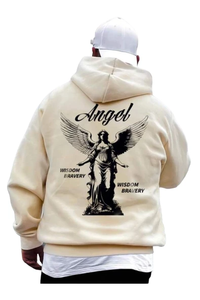 Unisex Bej Sırt Angel Baskı Kapüşonlu Sweatshirt ürün görseli 1